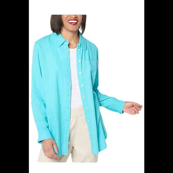 Denim & Co. Women's Naturals Linen Blend Button-Front Tunic Clear Aqua - Regular - Picture 1 of 1